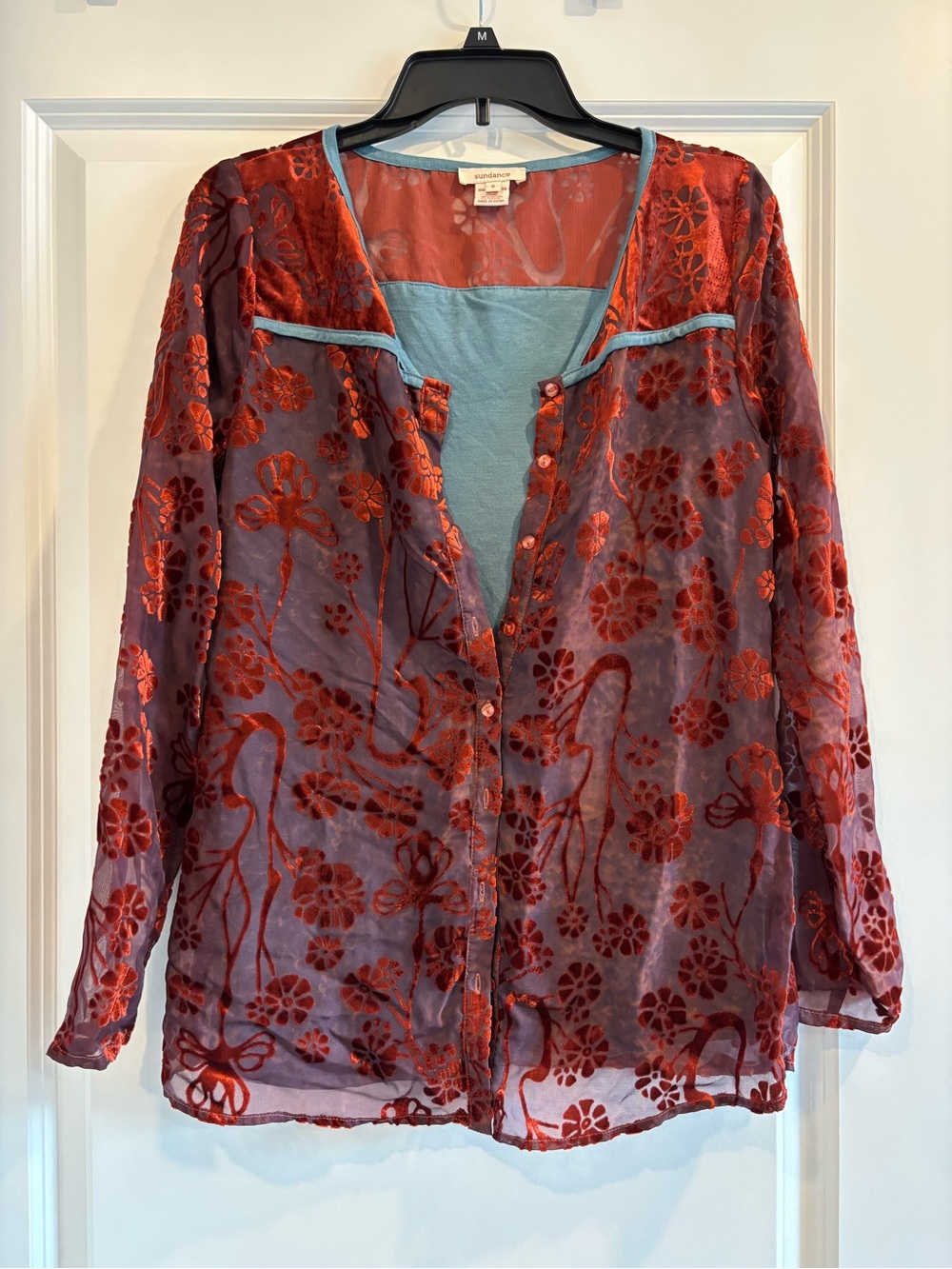 Sundance Red Floral Burnout Sheer Button-Down Top with Teal Trim